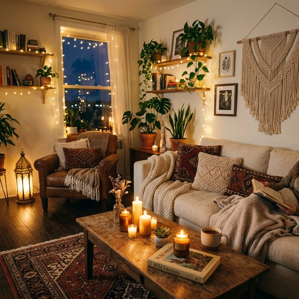 Boho living room with cozy evening lighting